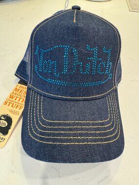 Von Dutch Navy Rhinestone Logo Denim Trucker Hat NWT - Bedazzled